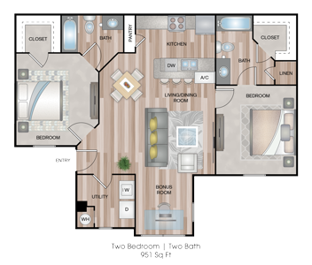 Two Bedroom / Two Bath - 951 Sq.Ft*
