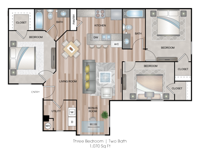 Three Bedrooms / Two Bath - 1070 Sq.Ft*